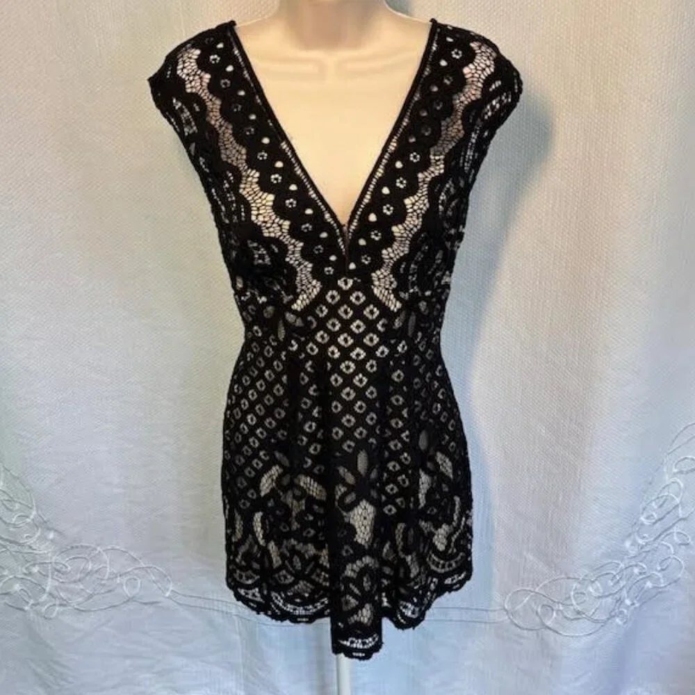 Free People Black lace low back mini dress